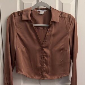 Elegant Satin Button-Down Shirt in Rich Brown